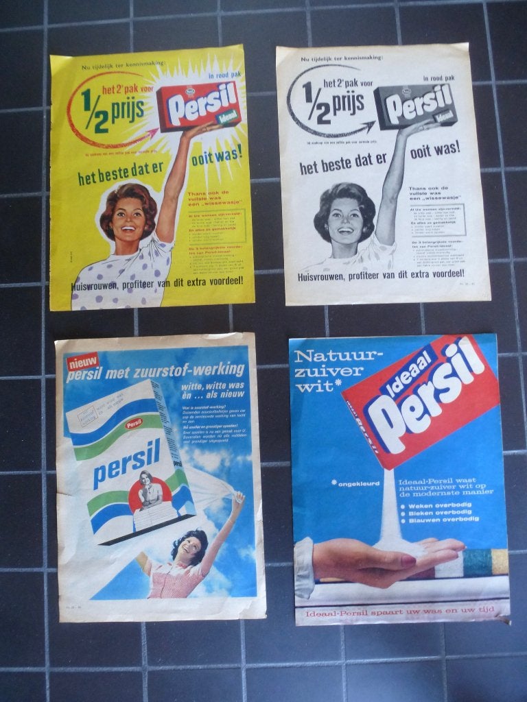 4 oude advertenties van Persil, 1961/'63/'65, Ophalen of Verzenden, Zo goed als nieuw, Overige typen