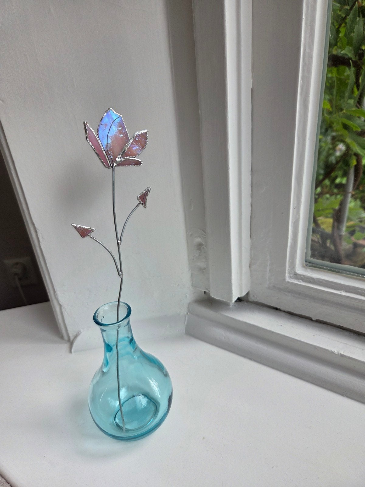 Prachtige glas in lood magnolia bloem incl. vaas, Ophalen of Verzenden, Nieuw, Glas, Japandi