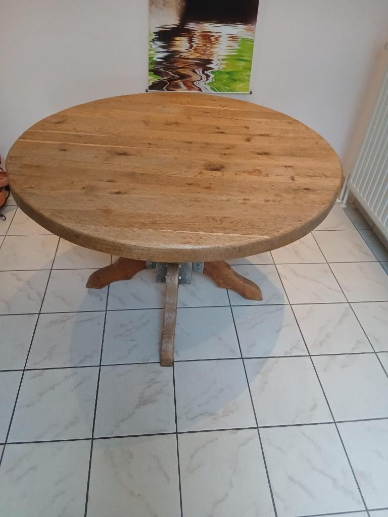 Massief eiken eetkamertafel – Rond – Zeer stevig, Ophalen, Gebruikt, 50 tot 100 cm, 100 tot 150 cm