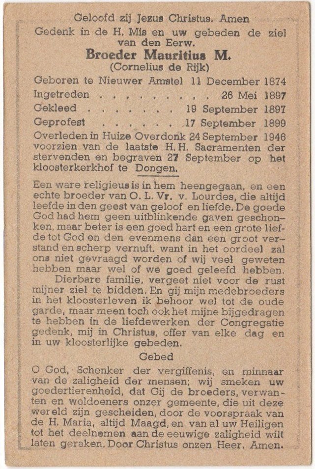 broeder Cornelius de Rijk 1874 Nieuwer-Amstel + 1946 Dongen, Verzenden