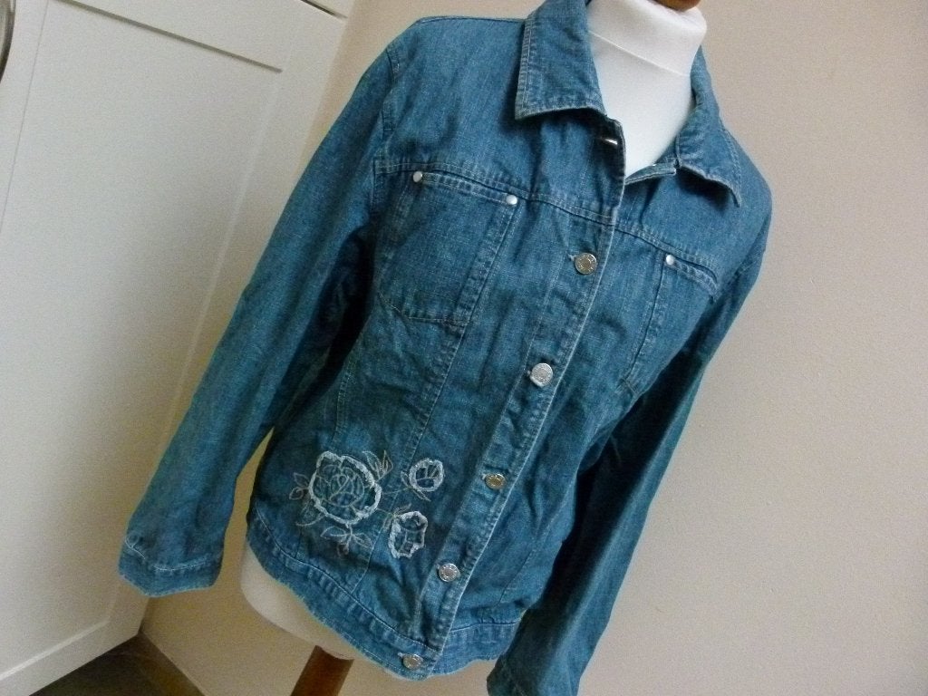 Vintage jeans spijker jas met geborduurde bloem L 42, Ophalen of Verzenden, Zo goed als nieuw, Maat 42/44 (L), Blauw