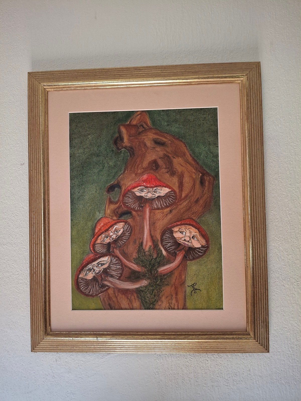 Schilderij met paddenstoelen en gezichten, ingelijst, Ophalen of Verzenden