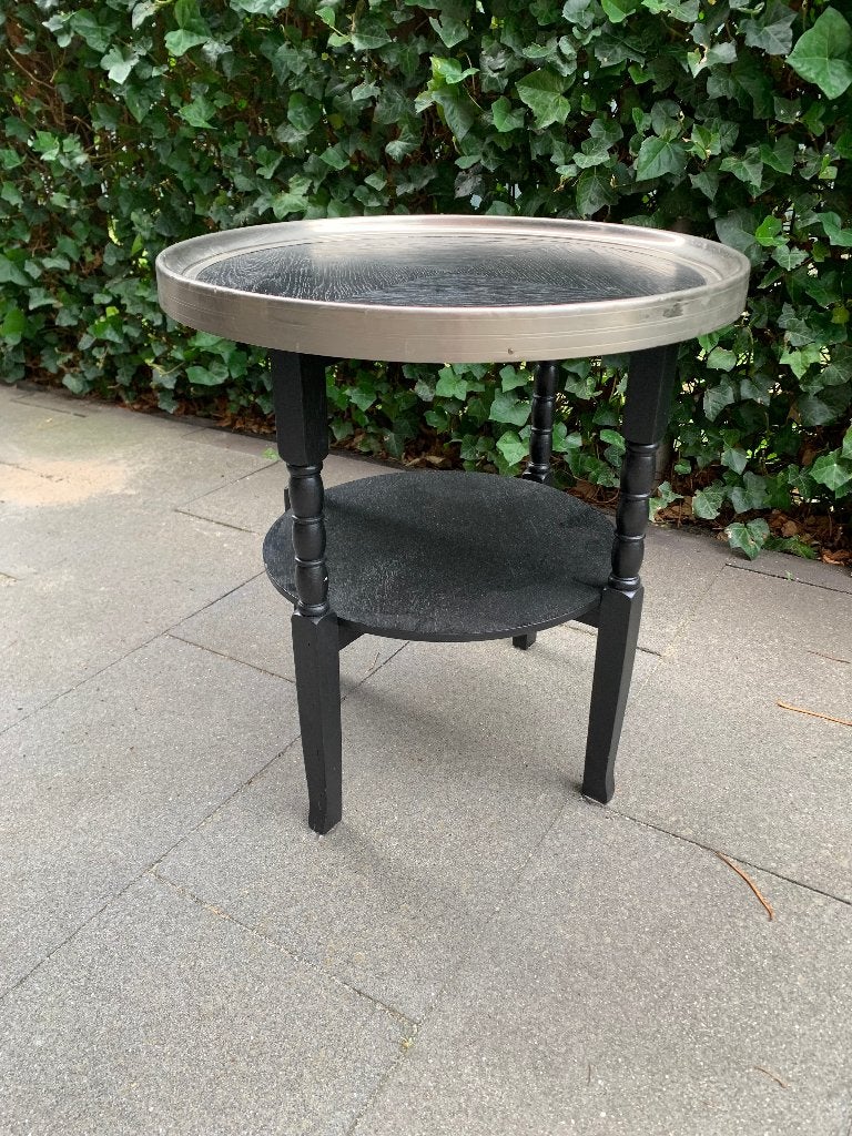 Bijzettafel / Rooktafel met 2 plateau’s en metalen rand, Huis en Inrichting, Minder dan 55 cm, Gebruikt, Rond, Hout