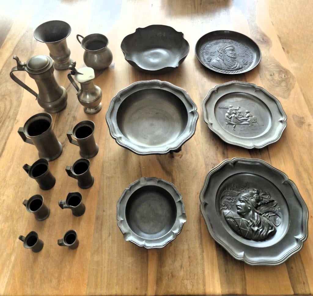 Tin, diverse schalen, borden, kannen en maatbekers, Antiek en Kunst, Ophalen