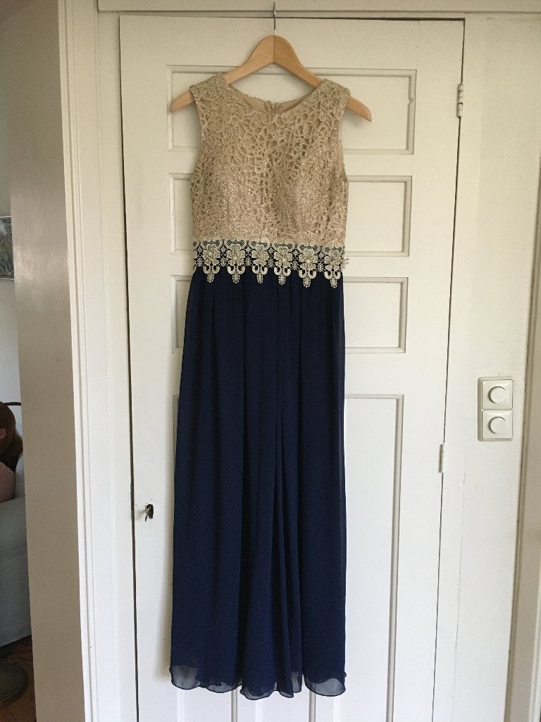 Feestelijke donkerblauwe jurk met goudkleurig lijfje m 36/38, Blauw, Ophalen of Verzenden, Maat 36 (S), Gedragen