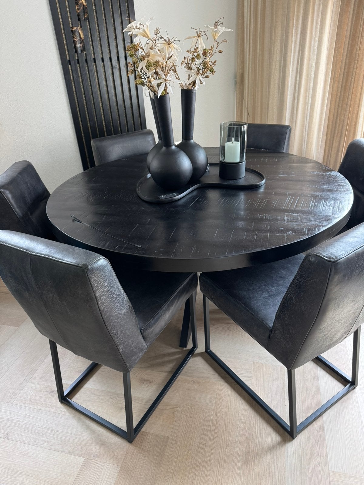 Ronde eettafel mangohout 150 doorsnee z.g.a.n., Ophalen, 150 tot 200 cm, Rond, Zo goed als nieuw
