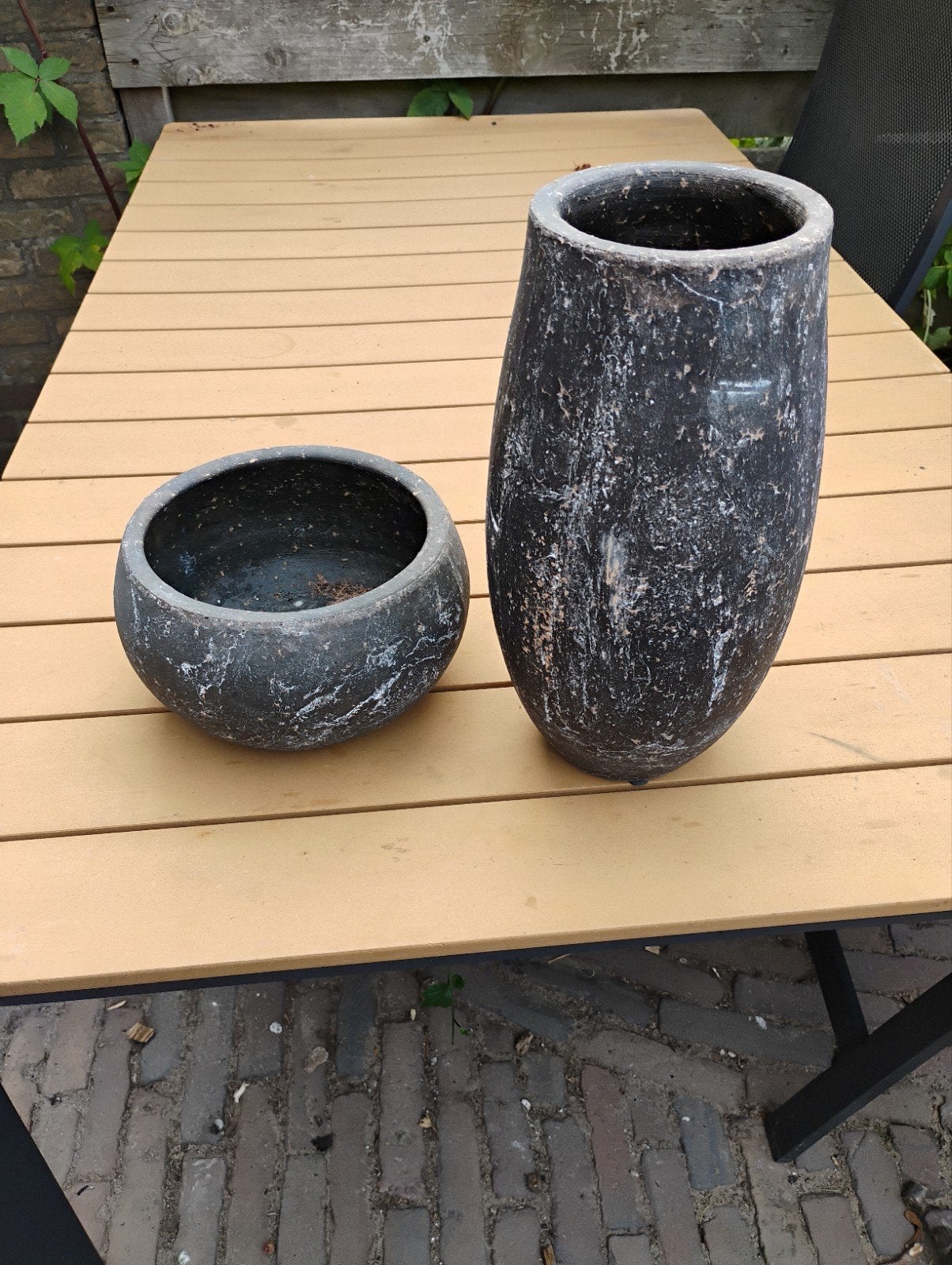Set van 3 aardewerk vazen/potten grijs gemêleerd, Ophalen, Gebruikt, Zwart, Met patroon/structuur