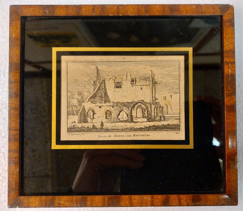 De Abdij van Rijnsburg Gravure Antiek Ingelijst, Antiek en Kunst, Ophalen of Verzenden, Landschap, Gravure