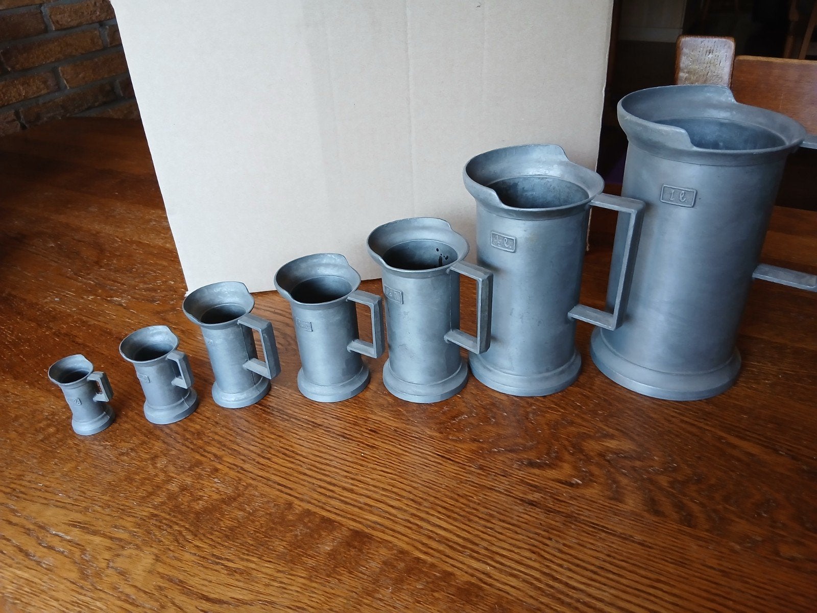 Tinnen bekers set van 1 liter tot 1/80 liter, Antiek en Kunst, Ophalen of Verzenden