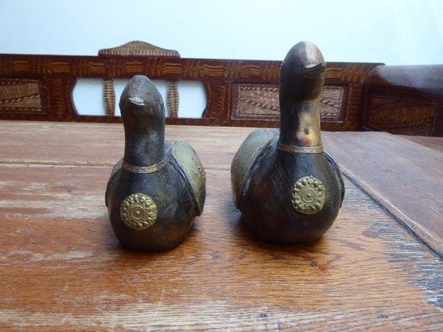 2 vintage houten eenden met messing, Ophalen of Verzenden