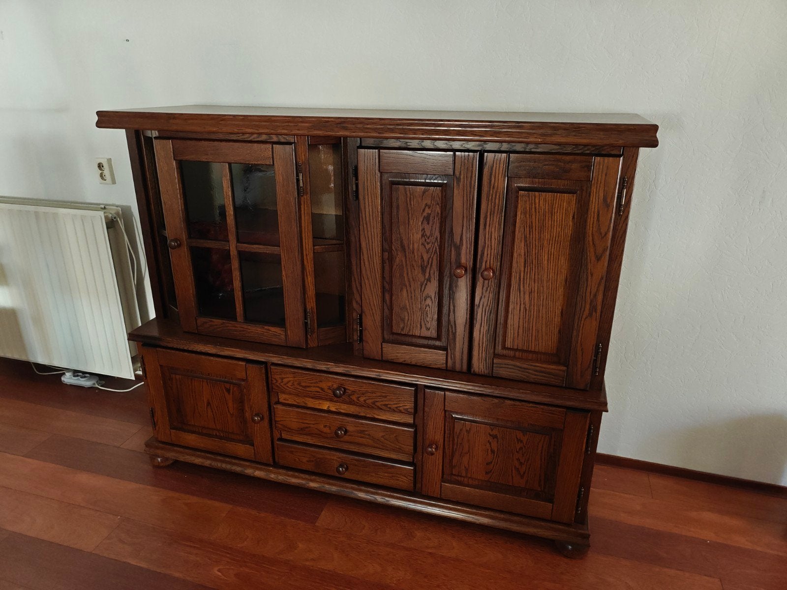 Vintage wandkast - Eikenhout met glas en lades