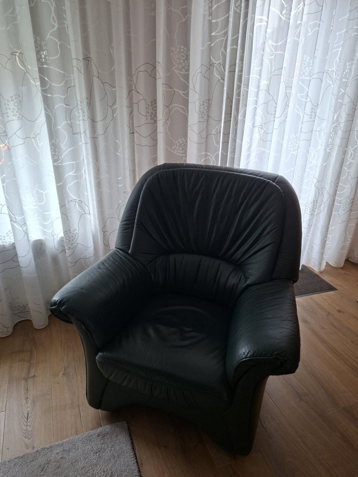 Groenlederen 2-zits bankje en een fauteuil, Huis en Inrichting, Ophalen, Gebruikt, 75 tot 100 cm, Leer
