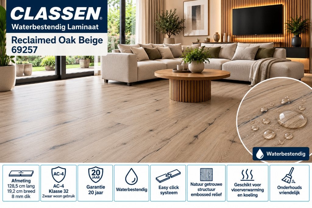 Waterbestendig Laminaat Reclaimed Oak Beige 8mm dik 4V-groev, 75 m² of meer, Beige, Nieuw, Ophalen of Verzenden