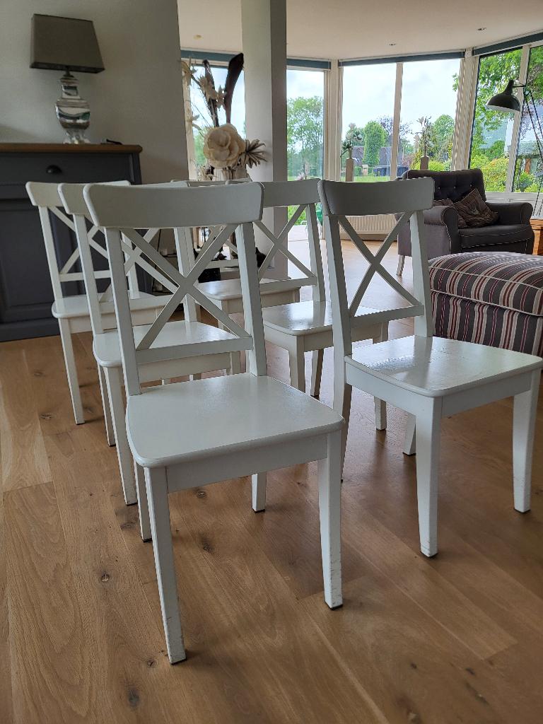 6 eetkamerstoelen type Rosentorp (Ikea), Ophalen, Gebruikt, Wit, Landelijk