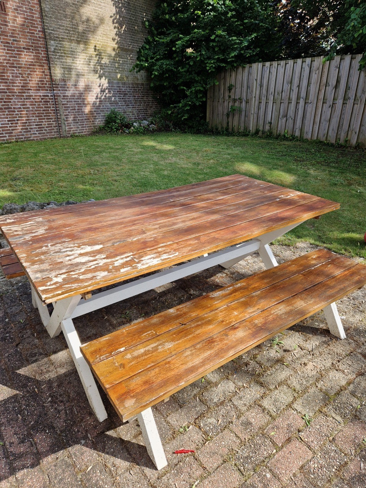 Picknicktafel met bankjes - opknapper, Ophalen, Gebruikt, Rechthoekig, Hout