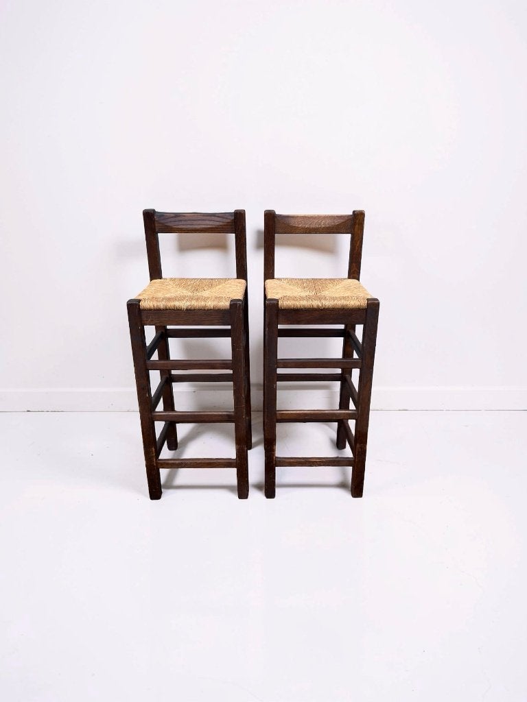 Set van 2 vintage houten barkrukken met biezen zitting, Ophalen, -, -, 60 tot 90 cm