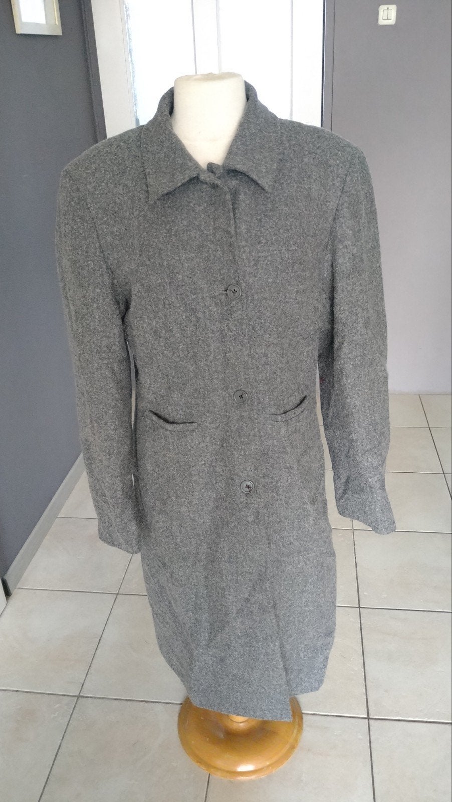 Trench coat lange jas grijze wollen jas wol polyester, Ophalen of Verzenden, Zo goed als nieuw, Grijs