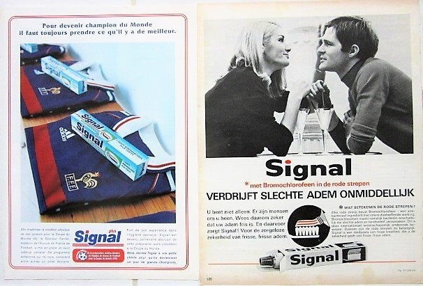 5 vintage advertenties reclames Signal tandpasta 1969-98, Ophalen of Verzenden, Gebruikt, Overige typen