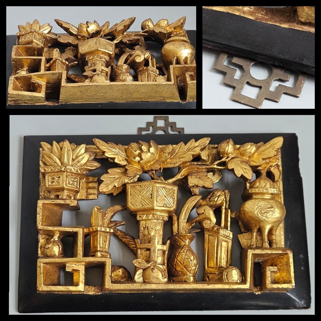 Antiek Chinees verguld houten paneel met snijwerk, Hout, Goud, Ophalen of Verzenden, Handgemaakt