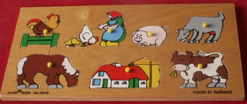 Vintage houten kinder puzzel met knopjes boerderij en dieren, Ophalen of Verzenden, Meer dan 50 stukjes, Zo goed als nieuw, 6 maanden tot 2 jaar