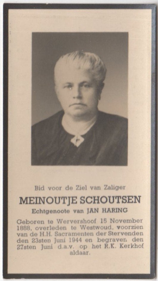Meinoutje Schoutsen 1888 Wervershoof + 1944 Westwoud, 55 jr, Ophalen of Verzenden