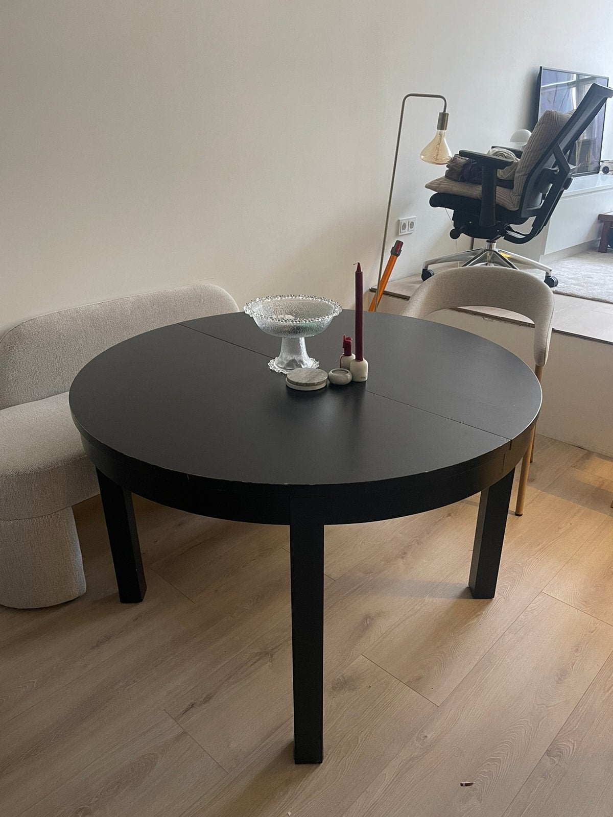 Uitschuifbare ronde eettafel, Ophalen, Gebruikt, 100 tot 150 cm, Rond
