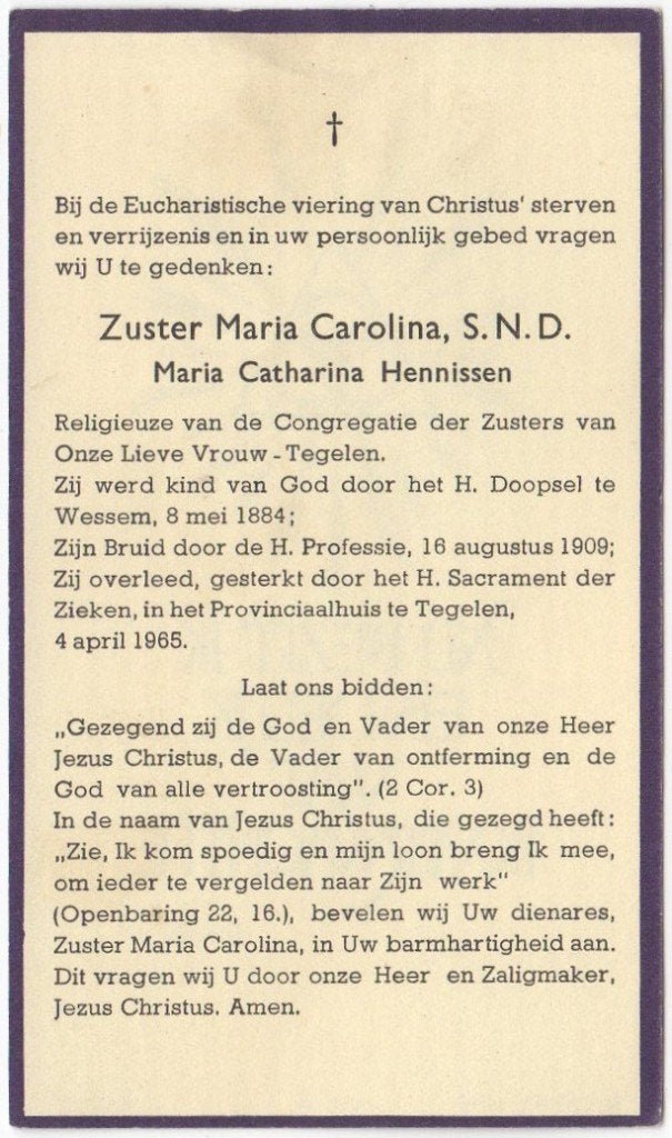 zr. Maria Hennissen 1884 Wessem + 1965 Tegelen, 80 jaar, Verzenden