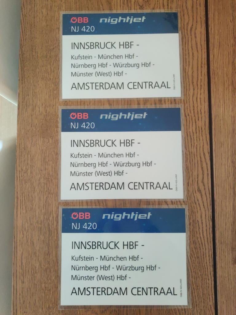 Nightjet 420 Koersbord Innsbruck - Amsterdam Centraal, Ophalen of Verzenden, Zo goed als nieuw, Trein, Overige typen
