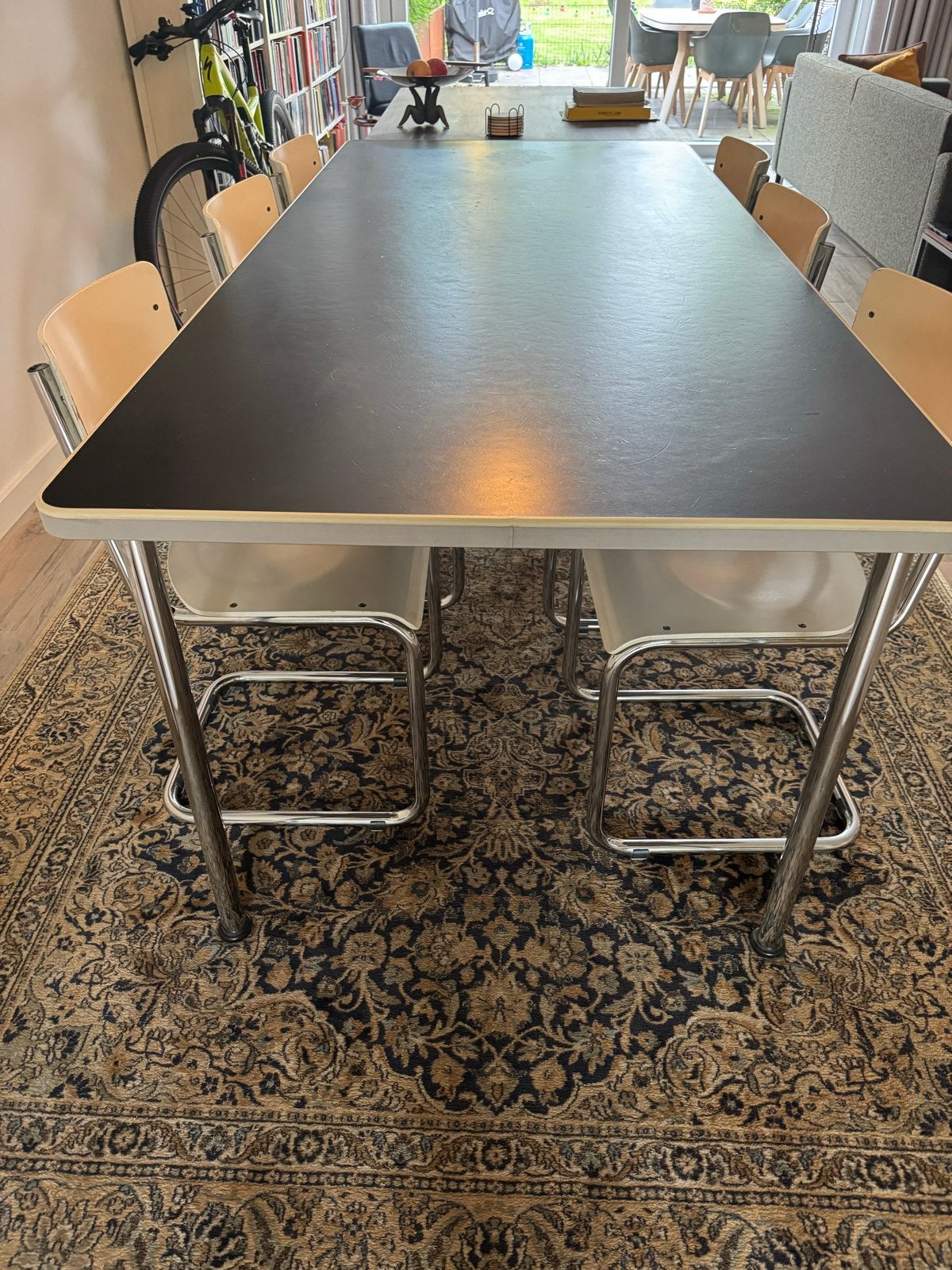 Gispen Tafel 515 met Zwart Linoleum Blad, Ophalen, Gebruikt, 200 cm of meer, 50 tot 100 cm