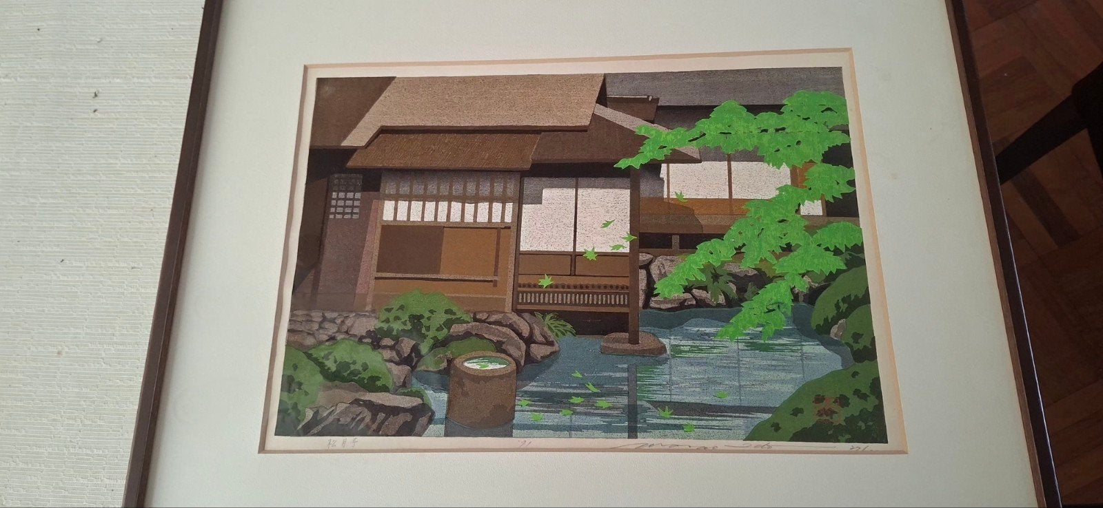 Japanse houtsnede van een traditioneel huis aan het water, Ophalen, 1950 - 1999, Ingelijst, Houtsnede