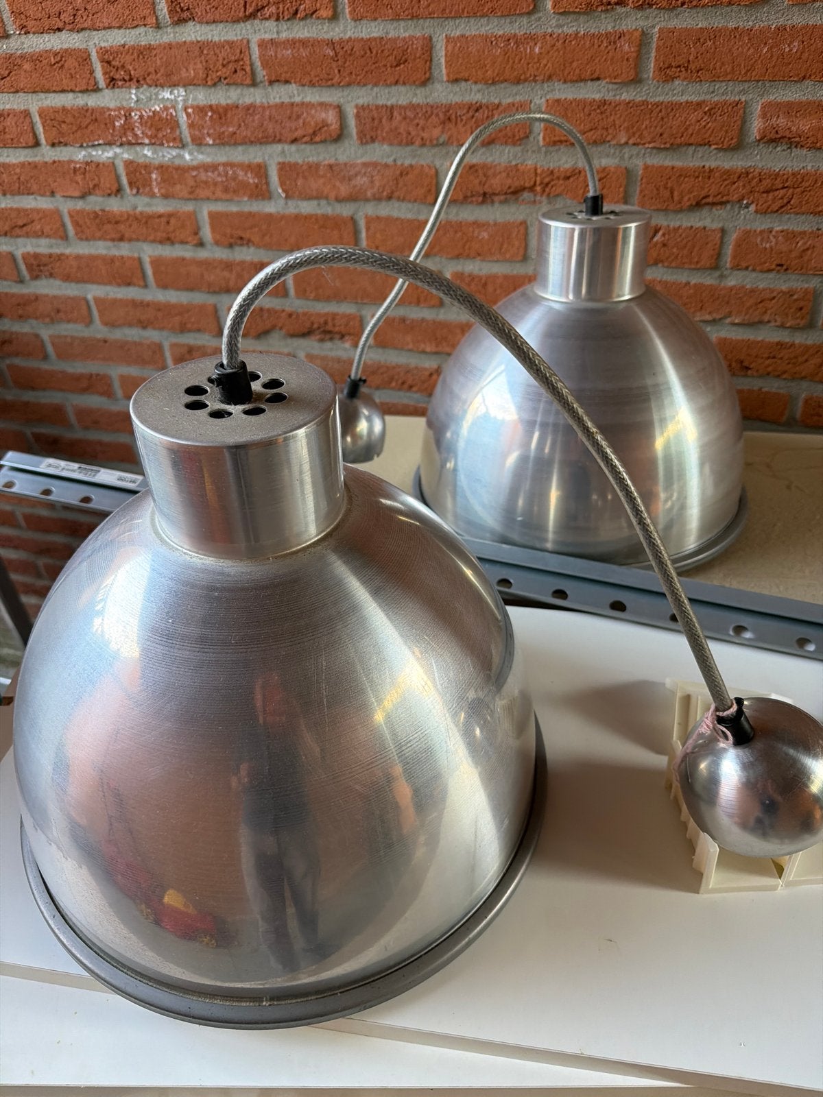 Set van 2 industriële aluminium hanglampen, Ophalen, Gebruikt, Metaal