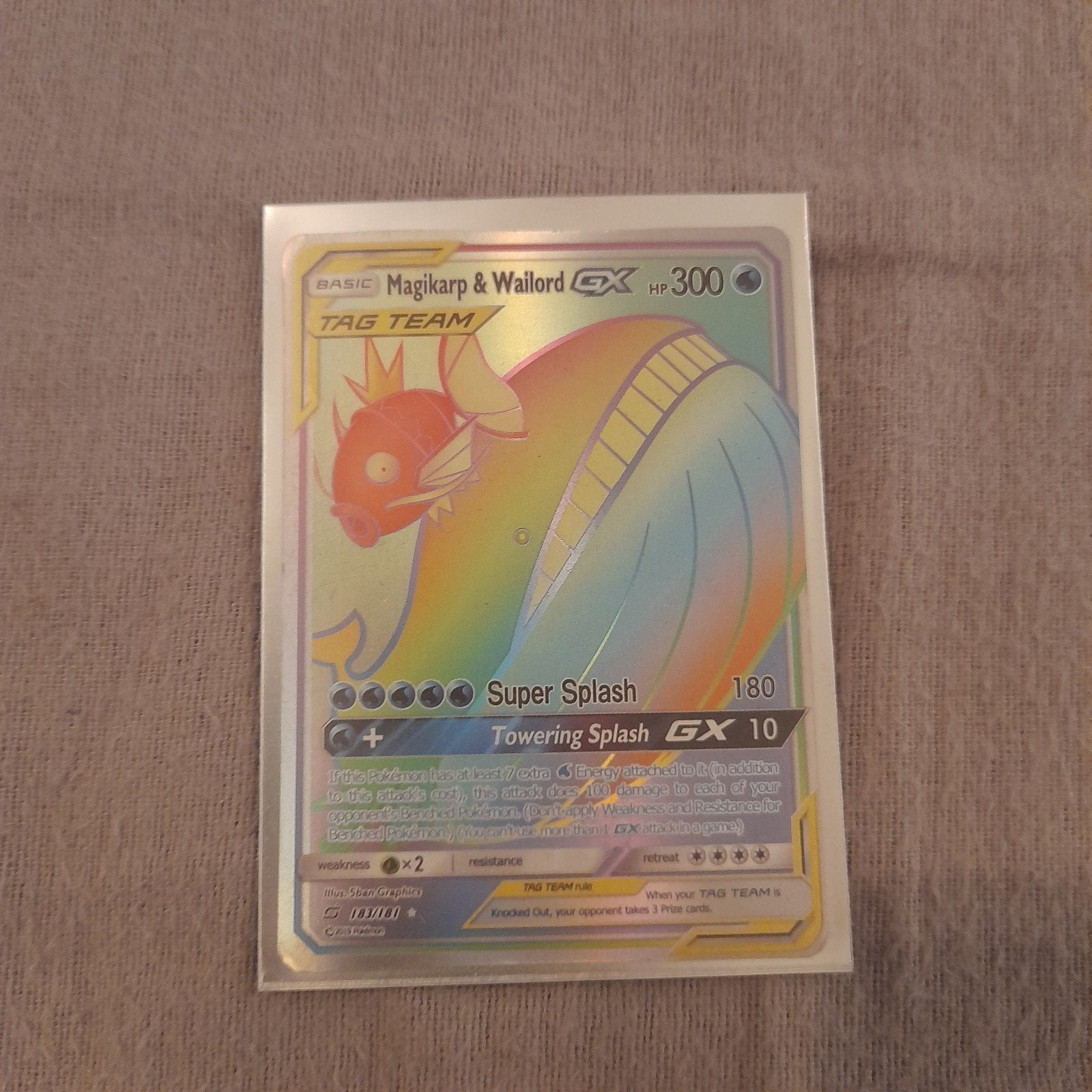 Magikarp & Wailord GX Pokémon kaart (Foil), Ophalen of Verzenden, Zo goed als nieuw, Losse kaart, Foil