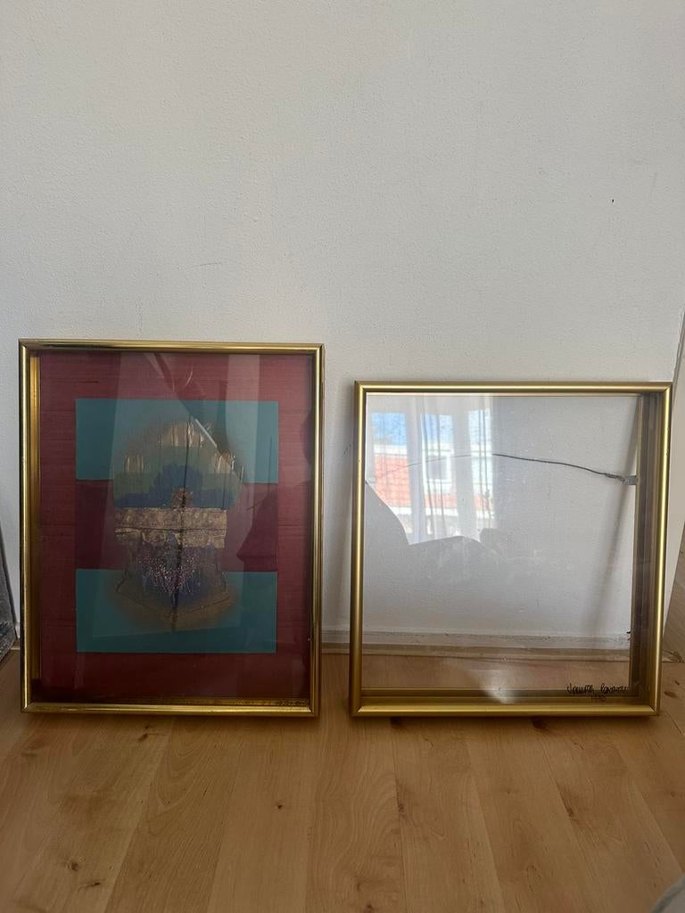 Vintage kunstwerk en lijst, Ophalen, Gebruikt, Metaal of Aluminium, Minder dan 50 cm