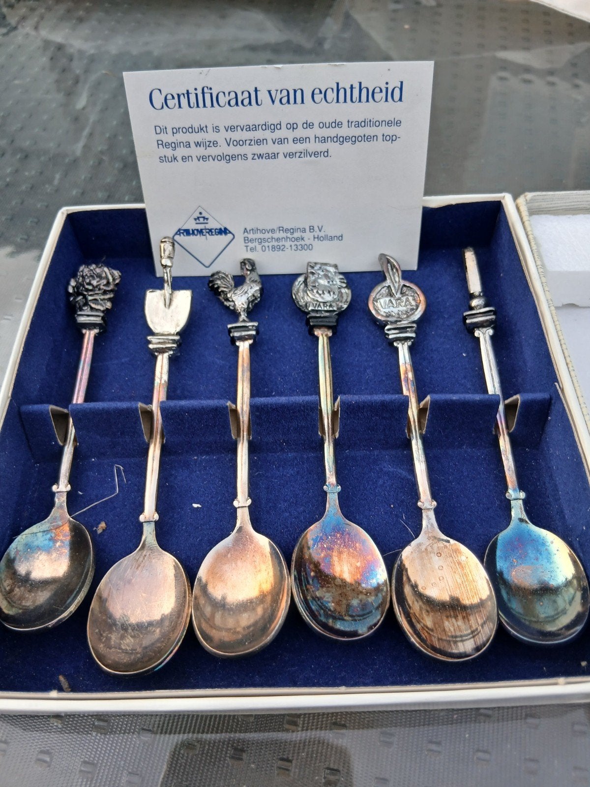 Antieke zwaar verzilverde lepeltjes in originele doos, Antiek en Kunst, Ophalen of Verzenden