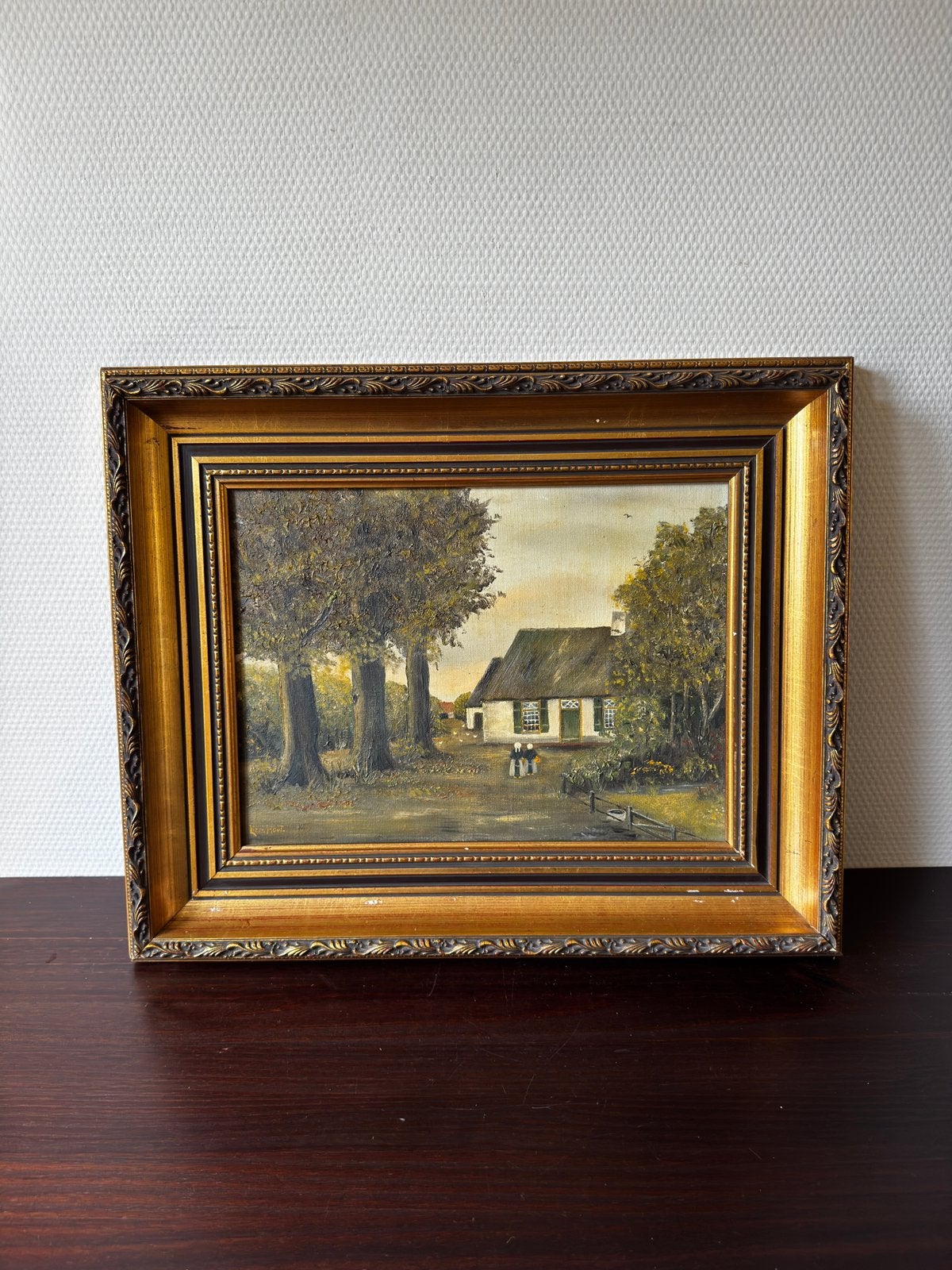 Vintage Olieverf Schilderij Boerderij, Liz van Hout, Goud, Antiek en Kunst, Ophalen, Doek, Bijzondere lijst, Olieverf