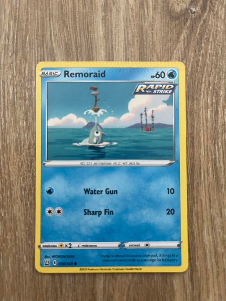 Pokémon Kaart Remoraid 036/163 Rapid Strike misprint, Ophalen of Verzenden, Zo goed als nieuw, Losse kaart