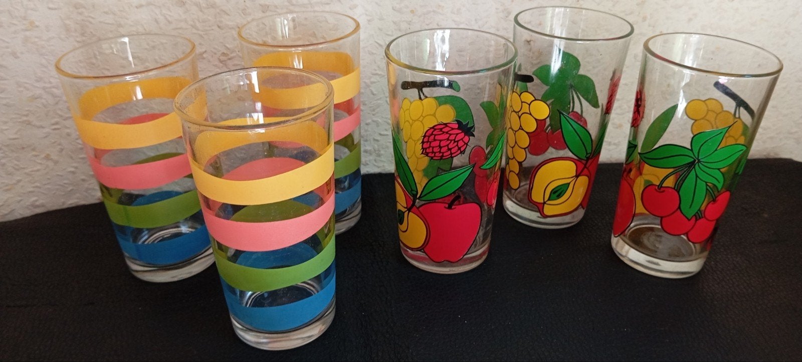 6 vintage zomerse kleurrijke limonade/ sapglazen, Ophalen of Verzenden, Glas, Overige stijlen, Glas of Glazen