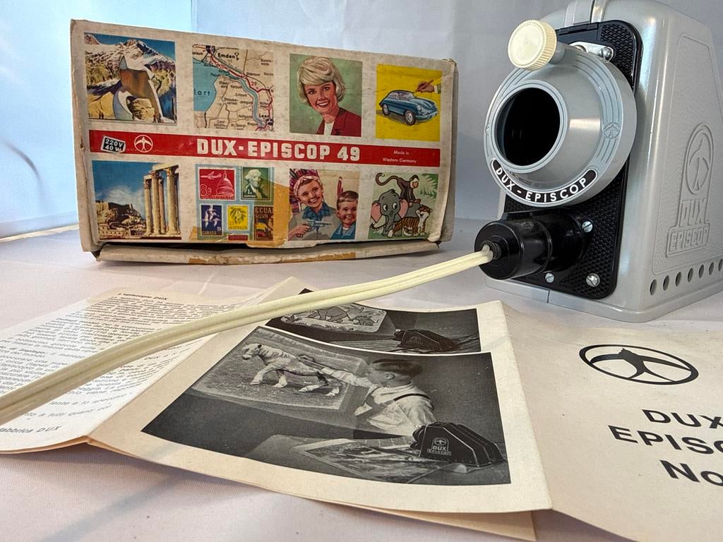 Vintage Dux Episcop 49 Episcoop Projector met doos, Ophalen of Verzenden, Gebruikt, Met scherm