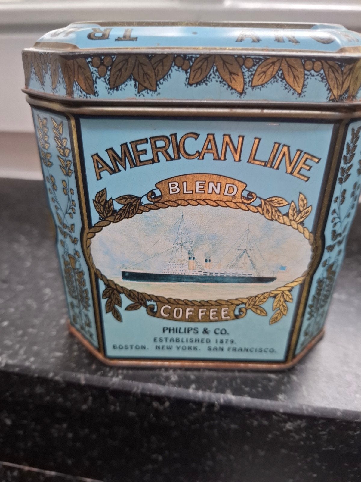 Oud American Line koffieblik met stoomschip, Ophalen of Verzenden, Gebruikt, Koffie, Overige merken