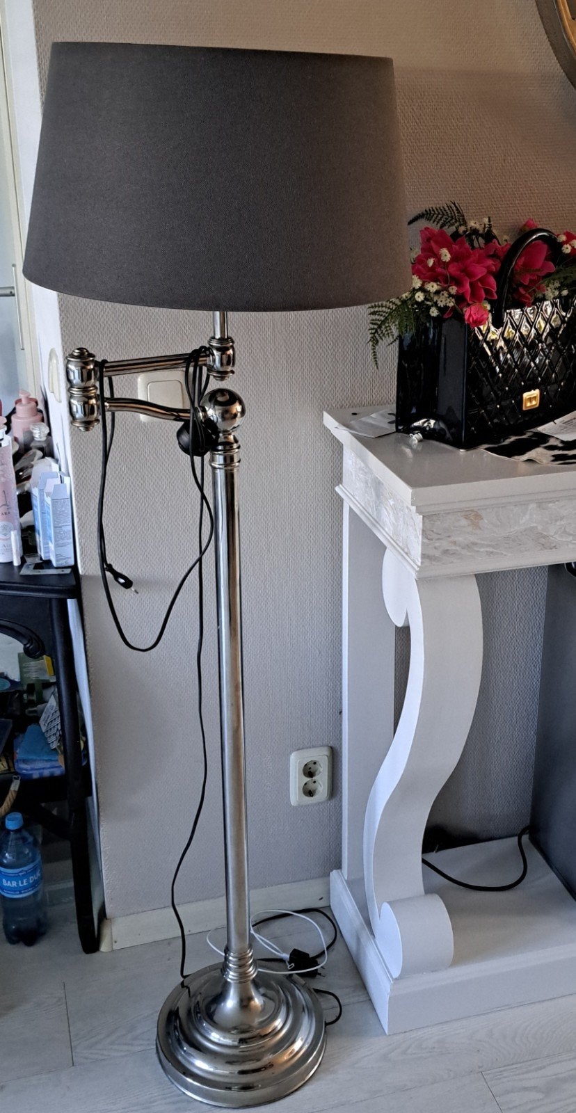 Stijlvolle eichholtz vloerlamp met zwenkarm en grijze kap, Huis en Inrichting, Ophalen, Gebruikt, Metaal, 150 tot 200 cm