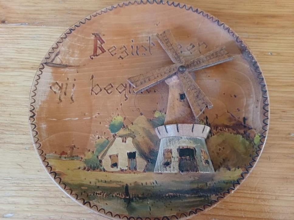 Antiek houten wanddecoratie met molen  bord ', Ophalen of Verzenden