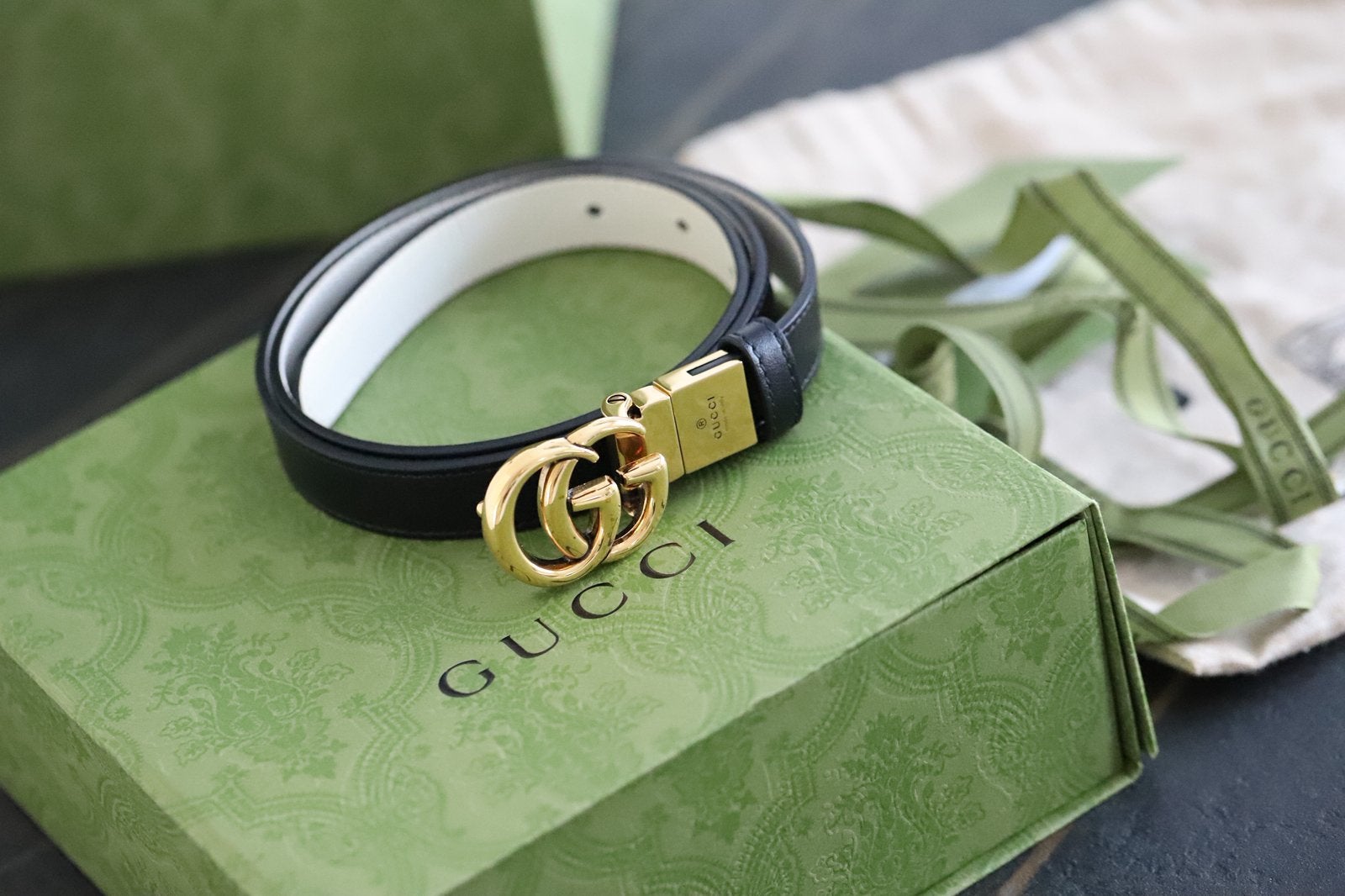 Gucci Marmont Double G riem 80 cm reversible leer, Ophalen, Zo goed als nieuw, Zwart, Tailleriem