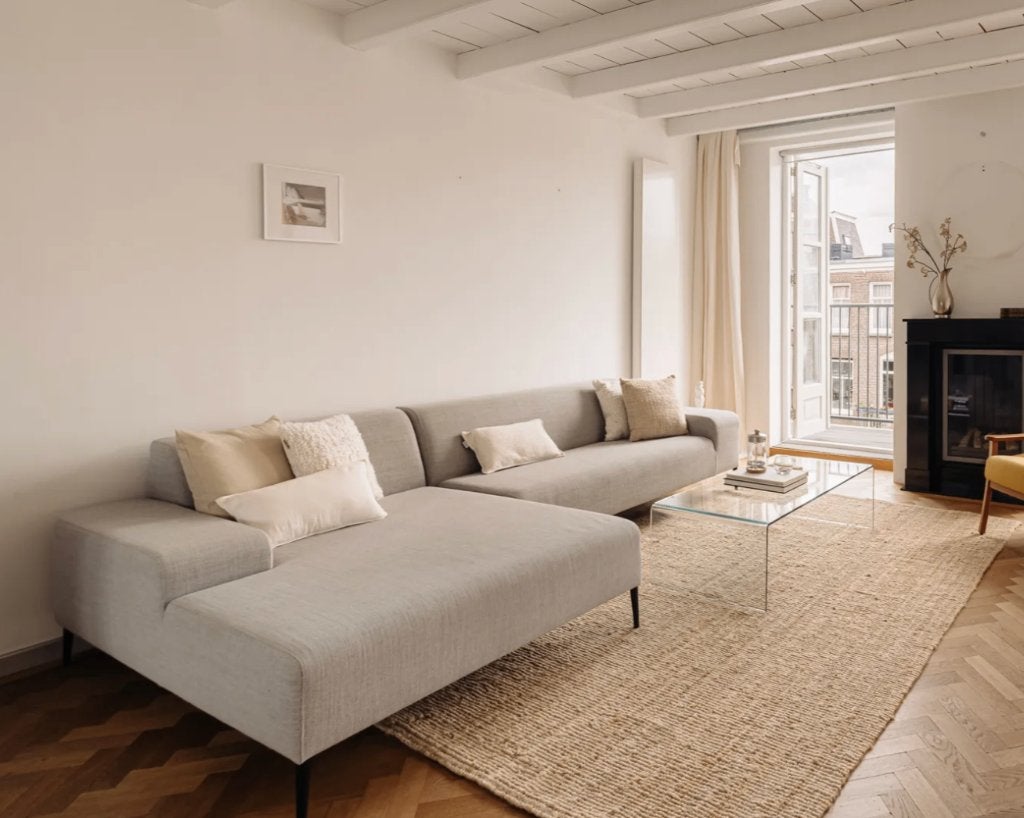 Grijze moderne hoekbank Koozo, Huis en Inrichting, Ophalen, 125 tot 150 cm, Hoekbank, 300 cm of meer