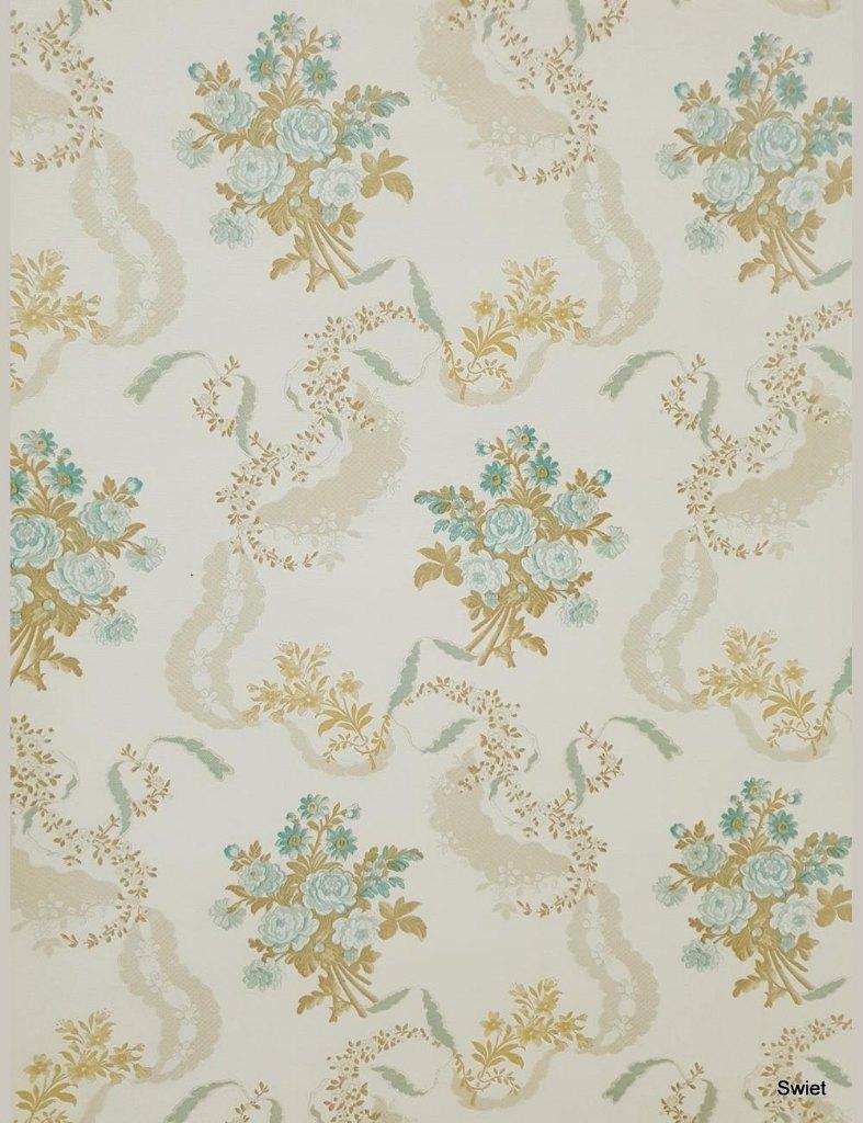 14046 sixties blauw bloemenbehang met guirlande swiet, Ophalen of Verzenden, 75 m² of meer, Beige