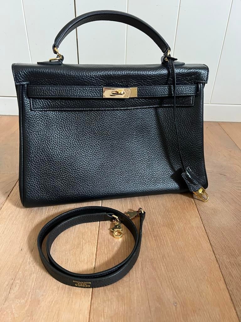 Zwarte Leren Kelly Handtas met Gouden Details, Verzenden, Zo goed als nieuw, Zwart, Handtas