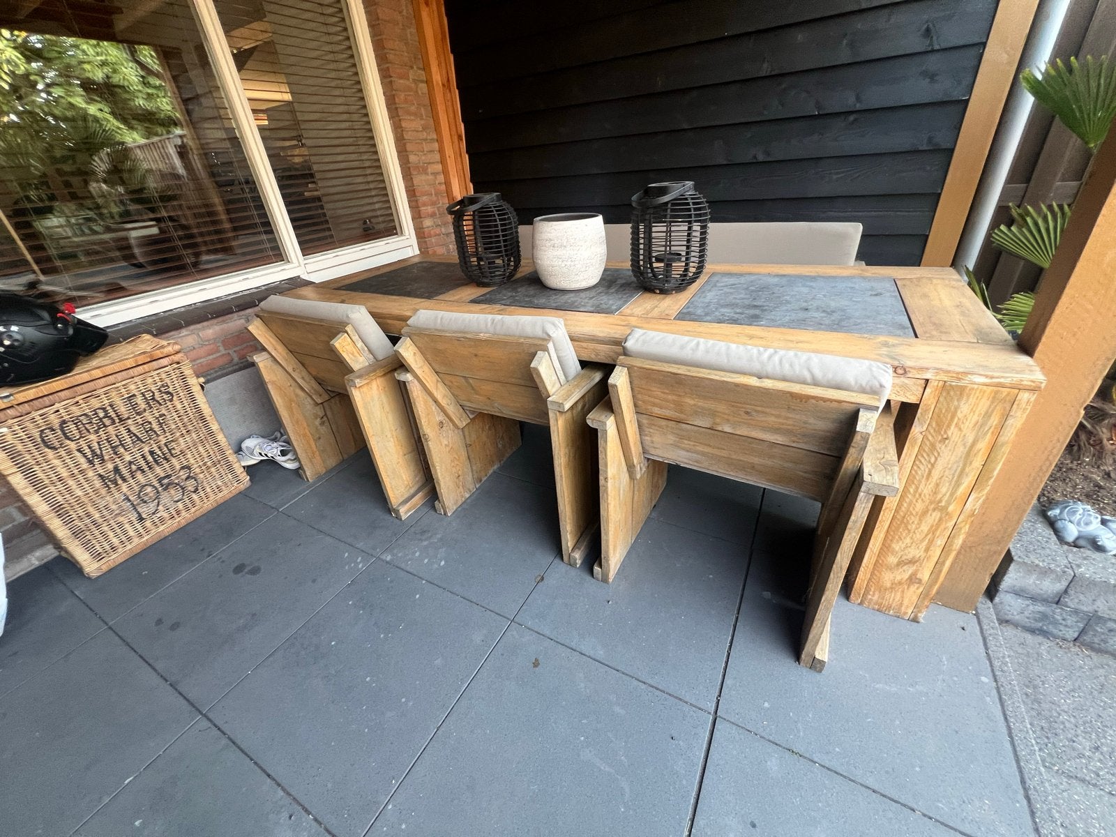 Steigerhouten tuinset met bank en 3 stoelen, Ophalen, Gebruikt, 6 zitplaatsen, Steigerhout
