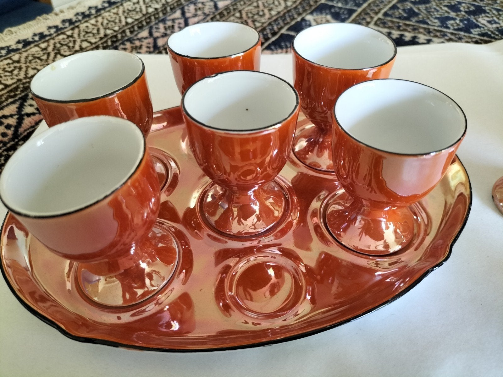 Vintage eierdopjes set met dienblad - Oranje glans, Ophalen