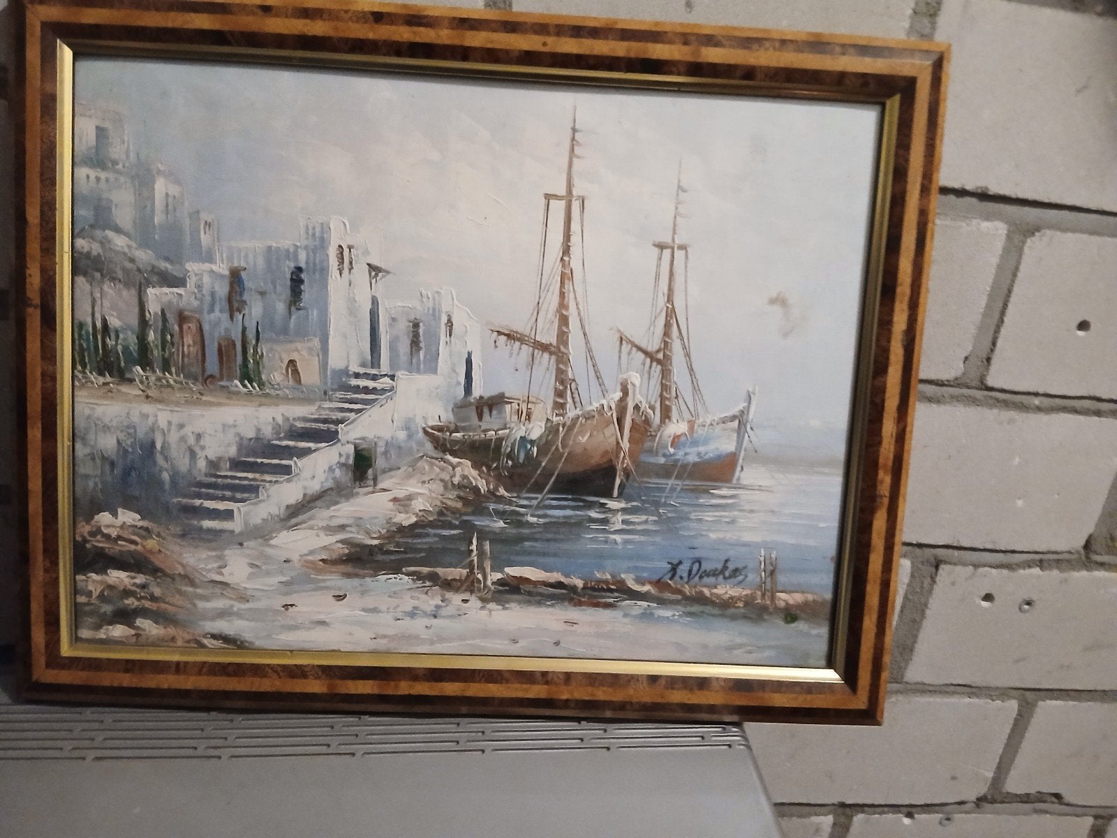 Mooi gesigneerd schilderij van X. Doukas - Maritiem tafereel, Antiek en Kunst, Maritiem / water, Doek, Realistisch, Ophalen of Verzenden