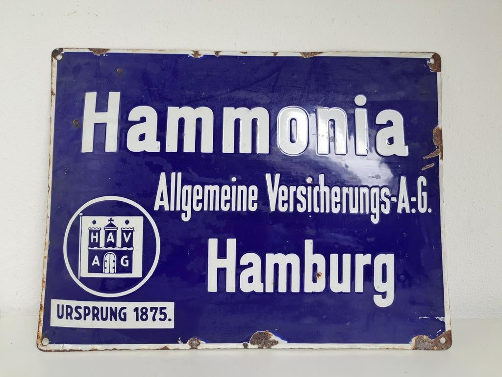 Vintage Emaille Reclamebord Hammmonia Verzekeringen Hamburg, Ophalen of Verzenden