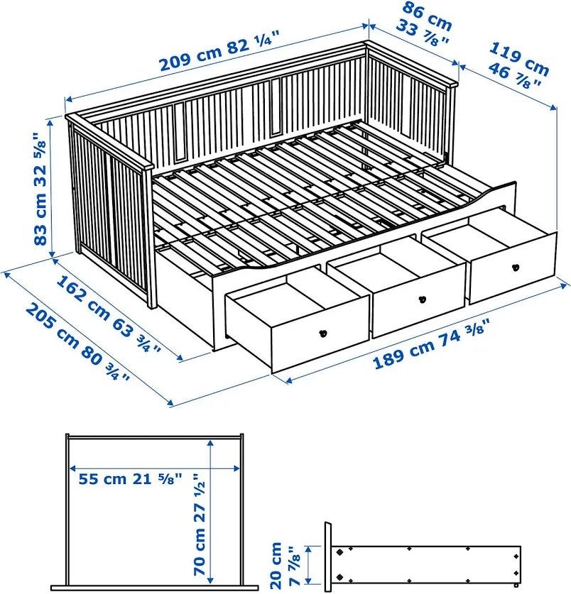 IKEA Hemnes uitschuifbed met 3 lades - Wit, Ophalen, Wit, Tweepersoons, 200 cm